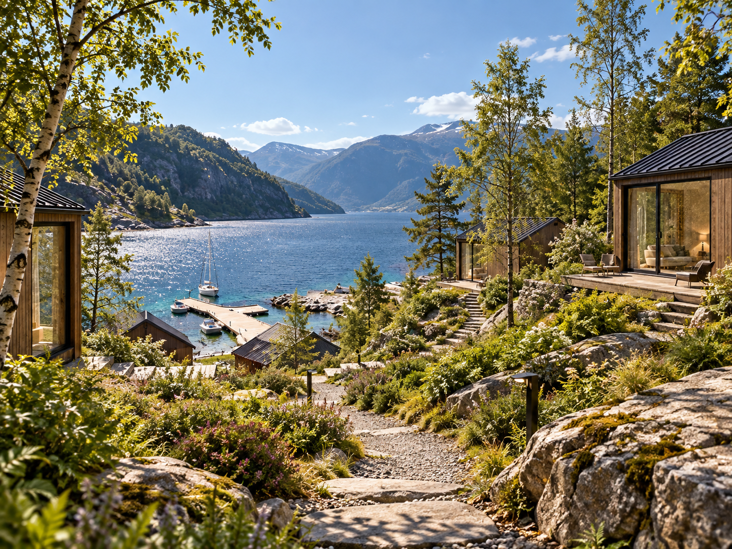 Små modulære boliger ved en fjord
